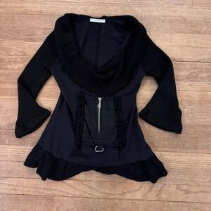 Zone Bleue black cowl neck 3/4 sleeve zipper D ring detail blouse size XS 
 b62